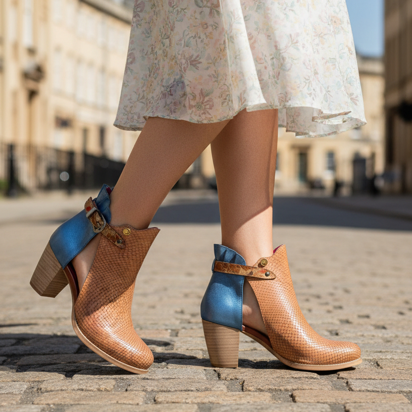Indigo- Tan and denim ankle boot